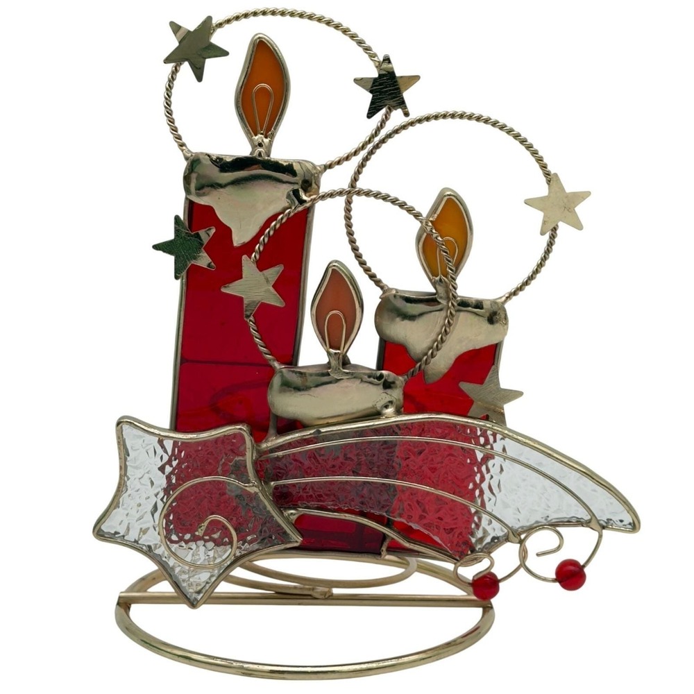 Stained Glass Red Yellow Christmas Candle Holder Gold Shooting Star Suncatcher